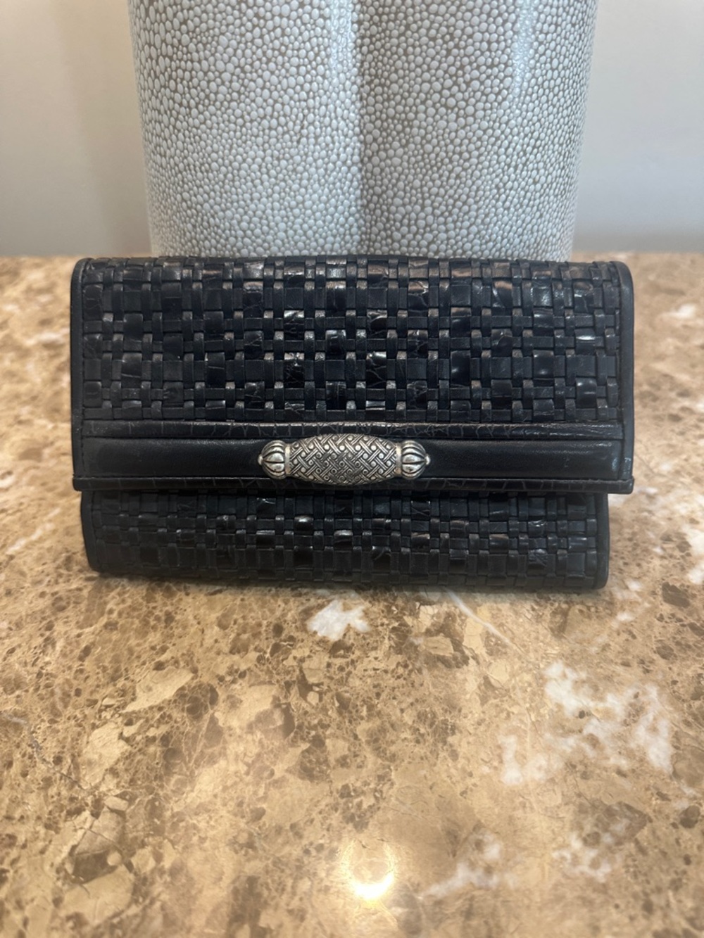Brighton Black Woven Leather Wallet with Silver-Tone Accent